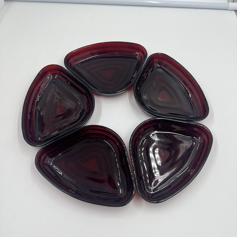 Anchor Hocking Set 5 Royal Ruby Red Triangle Manhattan Relish Tray Inserts